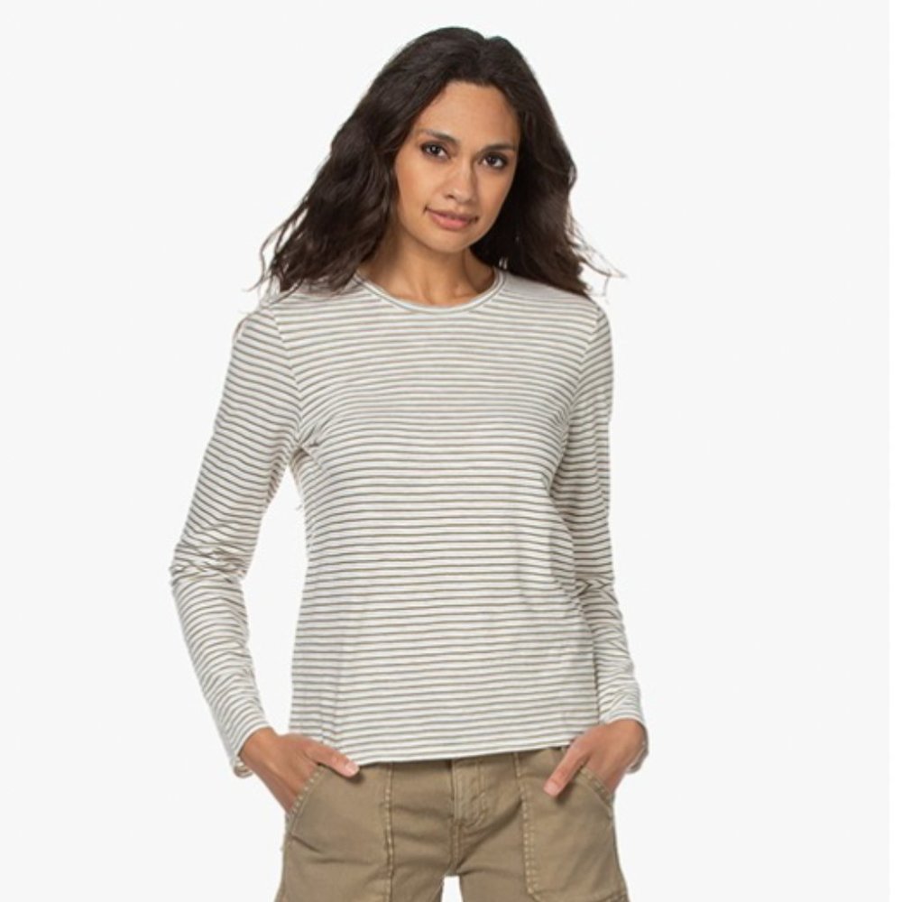 Olive Green and Off White Long Sleeve Tee Shirt, Size Small